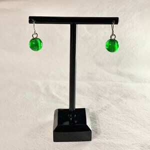 Minimalist Green Glass Bead Earrings Simple Dainty Silver Tone Drop Jewelry Gift